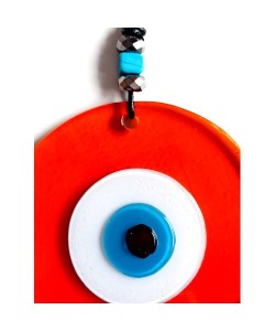 Mavi Nazar Boncuklu El Yapımı Deri İpli Turuncu Renk Şeffaf Cam Duvar Süsü Mavi Nazar Boncuklu El Yapımı Deri İpli Turuncu Renk Şeffaf Cam Duvar Süsü