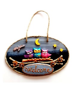 Renkli Baykuşlu Welcome Yazılı El Yapımı Kapı Süsü