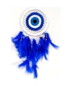 Saks Mavisi Kuş Tüylü Dream Catcher Nazar Boncuğu Motifli Düş Kapanı Duvar Süsü Saks Mavisi Kuş Tüylü Dream Catcher Nazar Boncuğu Motifli Düş Kapanı Duvar Süsü