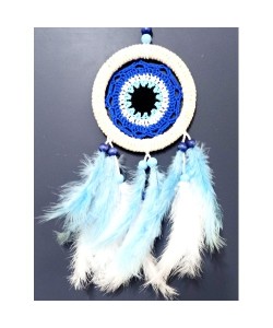 Nazar Boncuğu Motifli Bebe Mavisi Ve Beyaz Kuş Tüylü Düş Kapanı Duvar Süsü Nazar Boncuğu Motifli Bebe Mavisi Ve Beyaz Kuş Tüylü Düş Kapanı Duvar Süsü