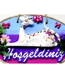 Kedi Figürlü Hoşgeldiniz Yazılı El Boyaması Renkli Kapı Süsü