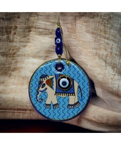 Yaldızlı Fil Modelli Nazar Boncuklu Duvar Süsü Mavi Camlı Duvar Dekoru