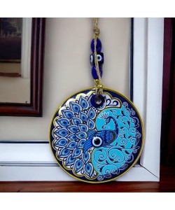 Yaldızlı Nazar Boncuklu Tavus Kuşu Duvar Süsü Cam Duvar Dekoru