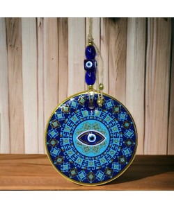 Yaldızlı Turkuaz Renkli Göz Modelli Nazar Boncuklu Duvar Süsü Cam Duvar Dekoru