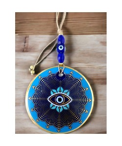 Mavi Cam Üstü Altın Puantiyeli Göz Nazar Boncuklu Duvar Süsü Mavi Cam Üstü Altın Puantiyeli Göz Nazar Boncuklu Duvar Süsü