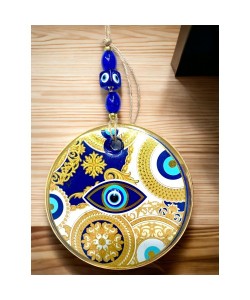 Sarı Motifli Mavi İşlemeli Nazar Boncuk Gözlü Duvar Süsü