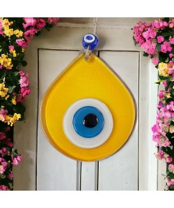 Orta Boy Şeffaf Sarı Damla Desen Nazar Boncuklu Duvar Dekoru Cam Duvar Süsü