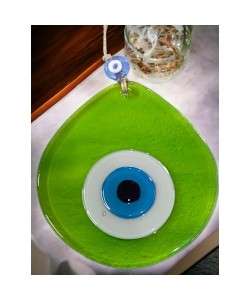 Orta Boy Şeffaf Yeşil Damla Desen Nazar Boncuklu Duvar Dekoru Cam Duvar Süsü