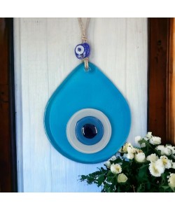 Orta Boy Şeffaf Turkuaz Damla Desen Nazar Boncuklu Duvar Dekoru Cam Duvar Süsü