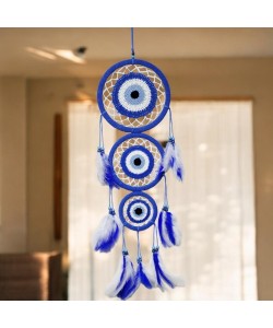 Nazar Motifli Üç Çemberli Kuş Tüylü Mavi Duvar Süsü Nazar Motifli Üç Çemberli Kuş Tüylü Mavi Duvar Süsü