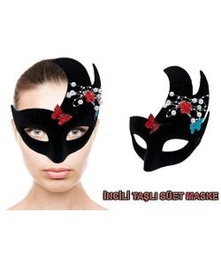 Siyah İncili Taşlı Süet Venedik Parti Maskesi Siyah İncili Taşlı Süet Venedik Parti Maskesi
