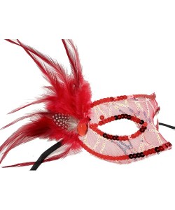 Kırmızı Yandan Tüylü Payetli Parti Maskesi Kırmızı Yandan Tüylü Payetli Parti Maskesi