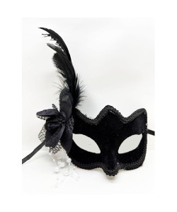 Siyah Süet Yandan Tüylü İncili Parti Maskesi