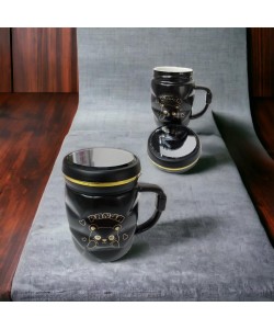 Ayna Kapaklı Panda Desenli Porselen Kupa Bardak Siyah Kupa Bardak