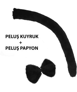 Peluş Siyah Renk Kuyruk ve Papyon Yetişkin Çocuk Uyumlu