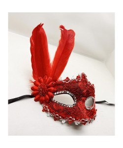 Kırmızı Renk Tüylü Dantelli Gözleri Taşlı Balo Parti Maskesi Kırmızı Renk Tüylü Dantelli Gözleri Taşlı Balo Parti Maskesi