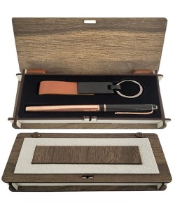Ahşap Kutulu Set Bakır Roller Kalem ve Anahtarlık