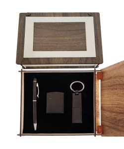 Özel Ahşap Kutulu Mat Siyah Kalem Anahtarlık ve Çakmak Set