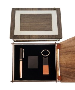 Özel Ahşap Kutulu Bakır Roller Kalem Anahtarlık ve Çakmak Set