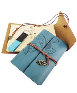 Özel Ahşap Kutulu Mavi Deri Defter ve Anahtarlık Set