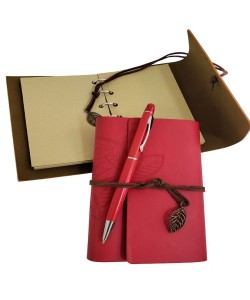 Ahşap Kutulu Kırmızı Deri Defter ve Metal Kalem Set Ahşap Kutulu Kırmızı Deri Defter ve Metal Kalem Set