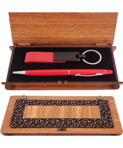 Ahşap Kutulu Kırmızı Kalem ve Anahtarlık Set