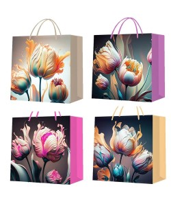Büyük Boy Lale Desenli Karton Hediye Çantası