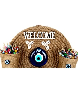 Üç Saksılı Welcome Yazılı Deniz Kabuklu Nazar Boncuklu Hasır Kapı Süsü