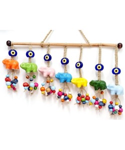 Seramik Yedi Adet Filli Nazar Boncuklu Rengarenk Tahta Boncuklu Kapı, Duvar ve Bahçe Süsü