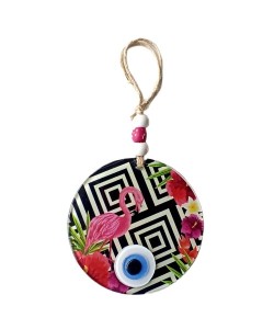 Pembe Flamingolu Çiçekli Nazar Boncuklu 15 Santimetre Çapında Duvar Süsü