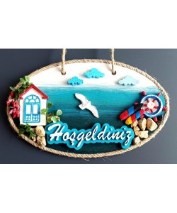 Sahil Kasabası Hoşgeldiniz Yazılı El Yapımı Kapı Süsü