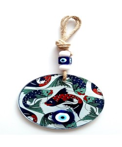 Balık Desenli Nazar Boncuklu Füzyon Cam Duvar Dekoru