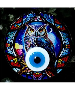 Baykuşlu Gece Desenli 12 Santimetre Füzyon Cam Duvar Süsü