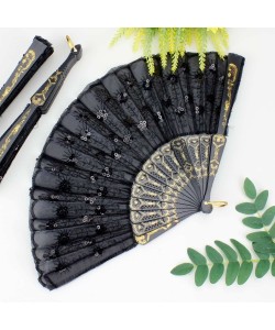 Plastik Pullu Kumaş Yelpaze 12'li Siyah