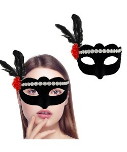 Siyah Renk Süet Kaplama Gümüş Dantelli Kırmızı Gül Tasarımlı Parti Maskesi 18x20 cm