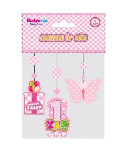 1 Yaş Temalı Asmalı İp Süs Pembe Renk 3 lü Set 12x45 cm 1 Yaş Temalı Asmalı İp Süs Pembe Renk 3 lü Set 12x45 cm