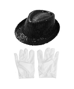 Siyah Renk Payetli Çocuk Şapkası ve Beyaz Renk Çocuk Eldiveni Siyah Renk Payetli Çocuk Şapkası ve Beyaz Renk Çocuk Eldiveni