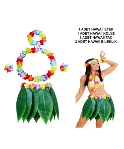Yetişkin Hawaii Kostüm Seti - Yaprak Etek & Hawaii Set - 5 Parça