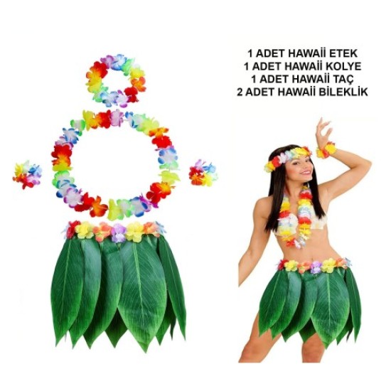Yetişkin Hawaii Kostüm Seti - Yaprak Etek & Hawaii Set - 5 Parça Yetişkin Hawaii Kostüm Seti - Yaprak Etek & Hawaii Set - 5 Parça