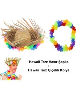 Hawaii Tarzı Tropikal Çiçekli Hasır Şapka ve Çiçekli Hawaii Kolye Hawaii Tarzı Tropikal Çiçekli Hasır Şapka ve Çiçekli Hawaii Kolye