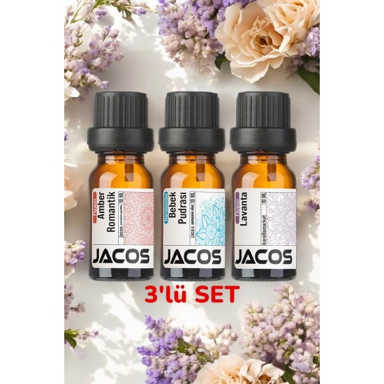 JACOS Amber,Pudra ve Lavanta Esansiyel Uçucu Yağı Buhardanlık Difüzör Esansı Oda Kokusu 3'lü SET