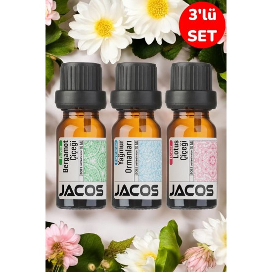 JACOS Bergamot, Yağmur Ormanları, Lotus Esansiyel Uçucu Yağı Difüzör Esansı Oda Kokusu 3'lü SET