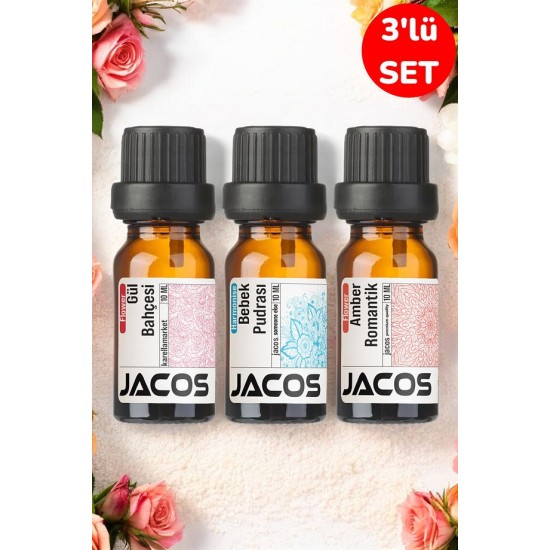 JACOS Gül Bahçesi,Pudrası,Amber Romantik Esansiyel Uçucu Yağı Difüzör Esansı Oda Kokusu 3'lü SET