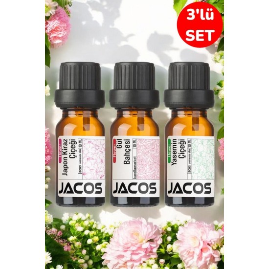 JACOS Japon Kiraz,Gül Bahçesi,Yasemin Esansiyel Uçucu Yağı Difüzör Esansı Oda Kokusu 3'lü SET