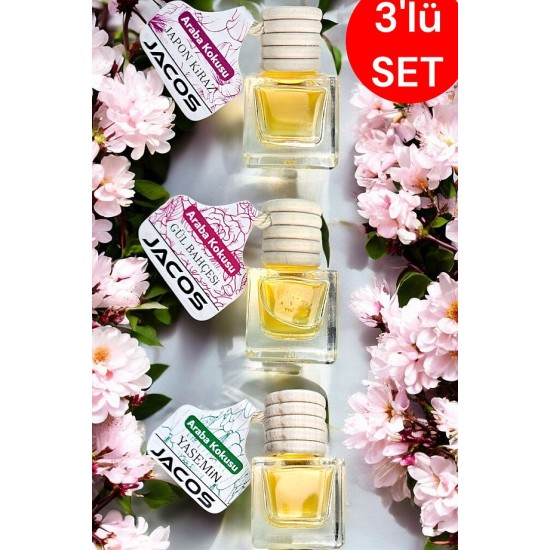 JACOS Japon Kiraz Gül Bahçesi Yasemin Kokusu 8 ml Oto Araç Kokusu Ipli Asma Oto Parfümü 3'lü Set