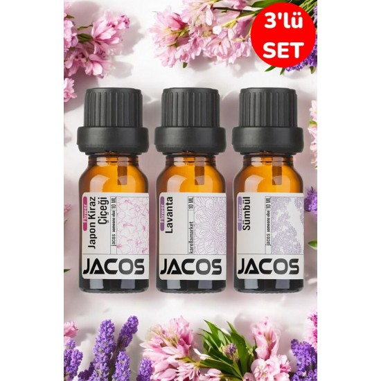 JACOS Japon Kiraz,Lavanta,Sümbül Esansiyel Uçucu Yağı Buhardanlık Difüzör Esansı Oda Kokusu 3'lü SET