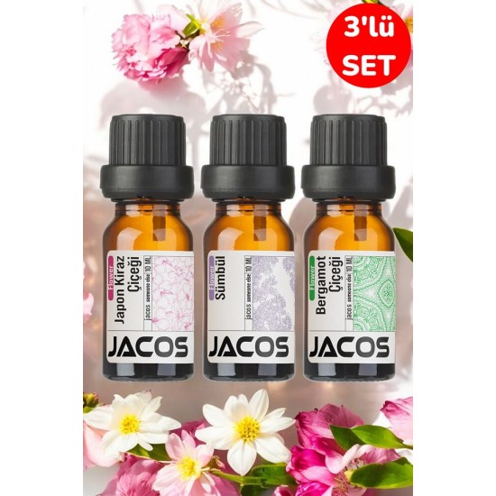 JACOS Japon Kiraz,Sümbül,Bergamot Esansiyel Uçucu Yağı Difüzör Esansı Oda Kokusu 3'lü SET