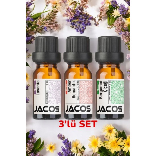 JACOS Lavanta, Amber Romantik ve Bergamot Esansiyel Uçucu Yağı Difüzör Esansı Oda Kokusu 3'lü SET