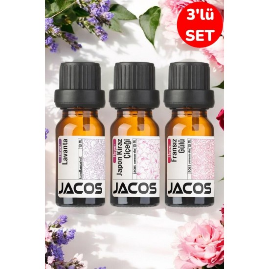 JACOS Lavanta,Japon Kiraz,Fransız Gülü Esansiyel Uçucu Yağı Difüzör Esansı Oda Kokusu 3'lü SET