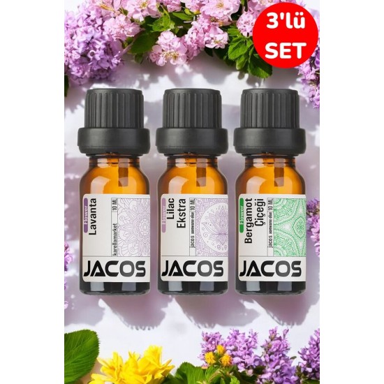 JACOS Lavanta,Lilac,Bergamot Esansiyel Uçucu Yağı Buhardanlık Difüzör Esansı Oda Kokusu 3'lü SET